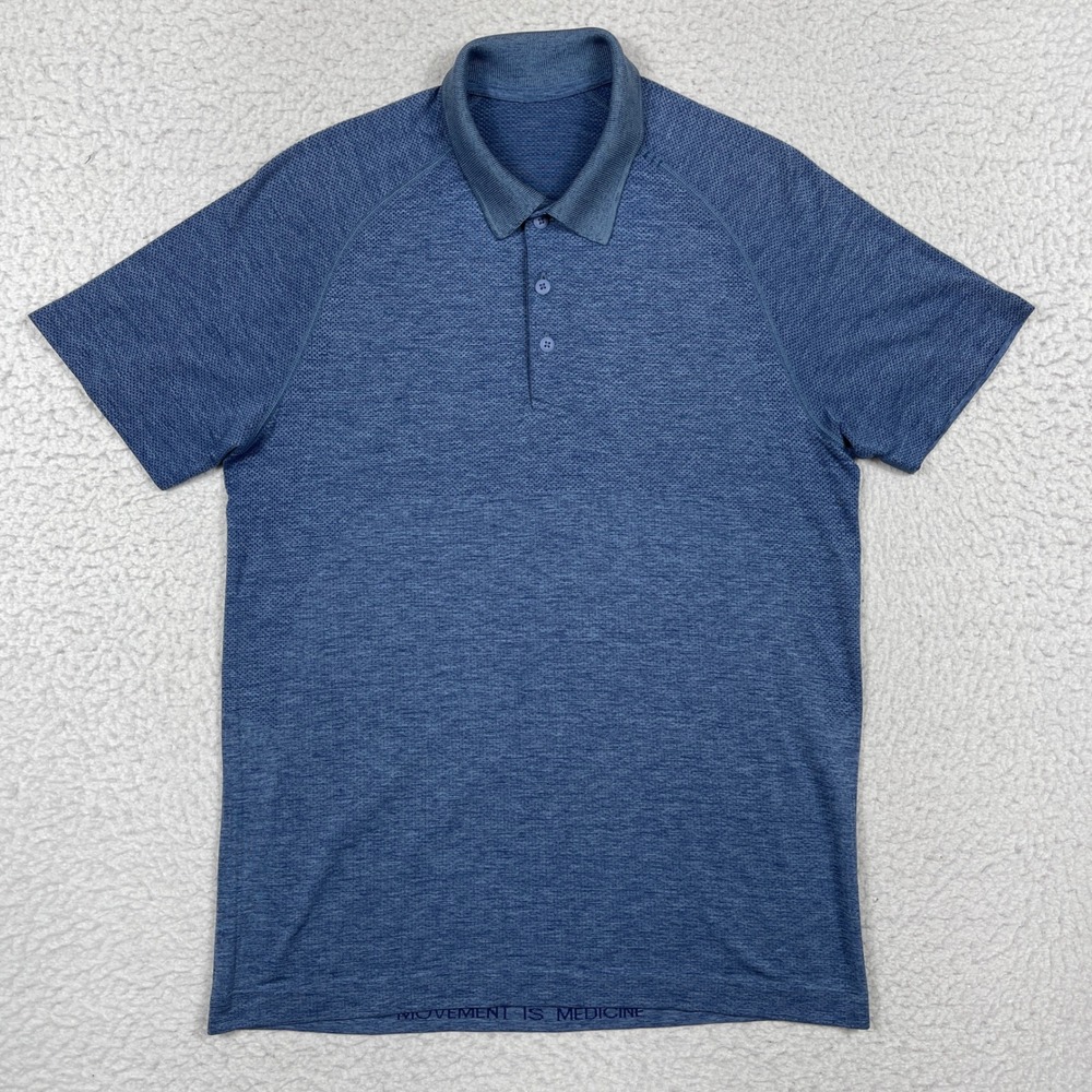 Lululemon Polo Mens M Blue Metal Vent Tech Seamless Breathable Gym Golf Sporty
